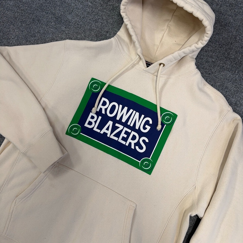 Rowing Blazers‎ Hoodie Men XL 100% Cotton Terry Box Logo Cream Off-White Heavy